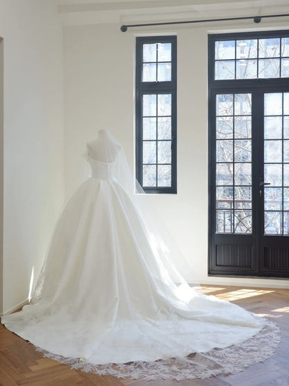 formaldressy-(without veil)White Fashion Fairy Elegant Long Satin Long Trailing Prom Dress Evening Dress Wedding Dress gh5062