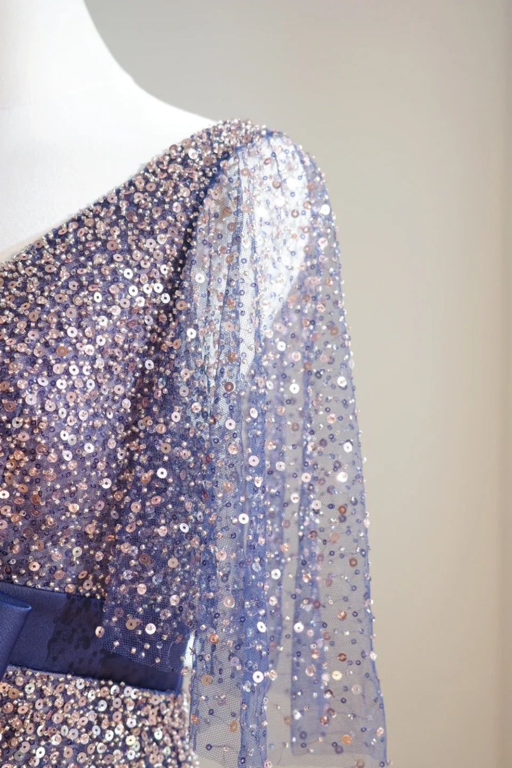 formaldressy-Vintage Blue-Gold Gradient V-Neck Sequin Bow Long Evening Gown gh6030