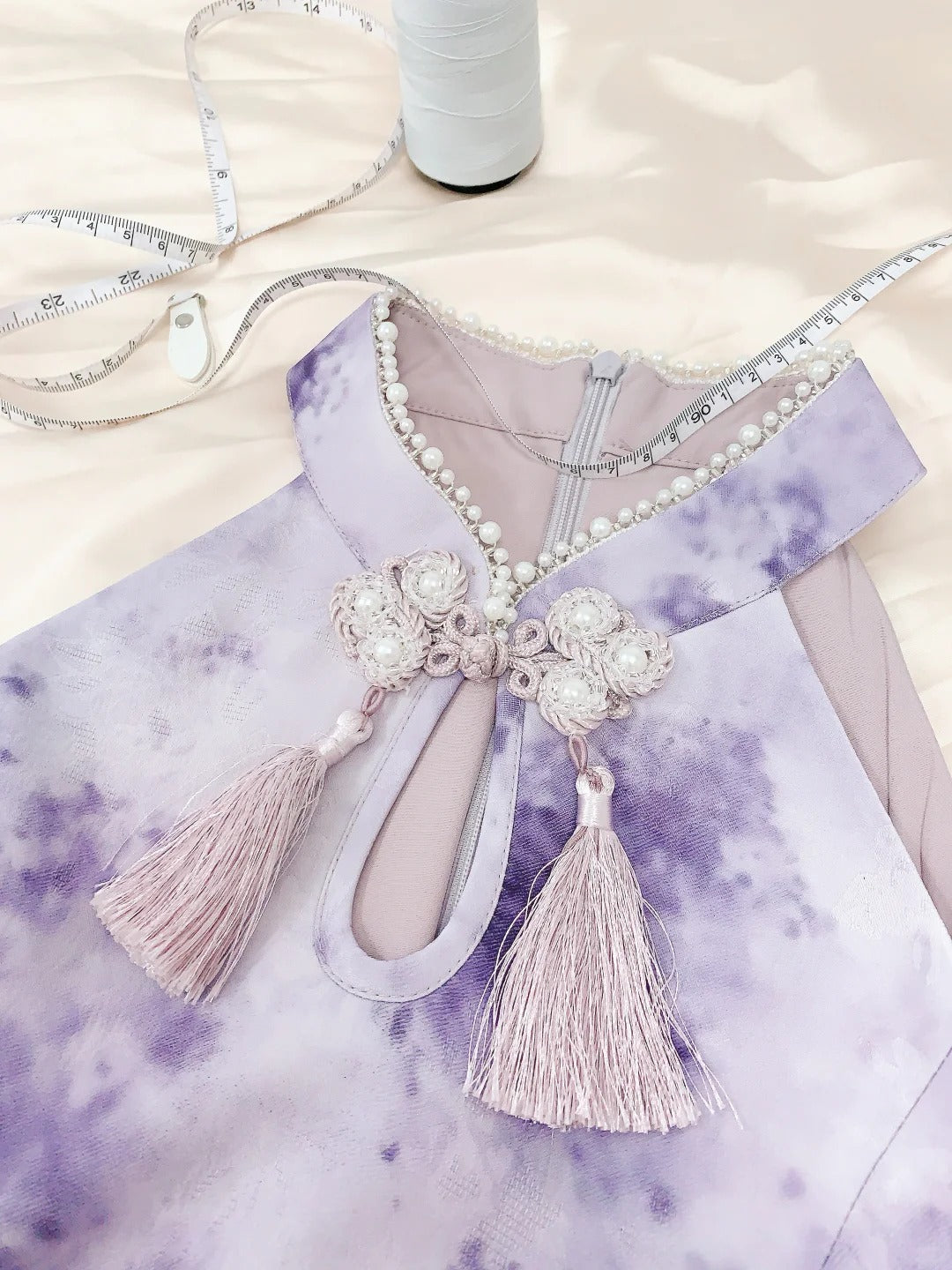 formaldressy--Purple gradient color new Chinese style pearl stand collar with button bow fairy dress oriental aesthetics gh5731