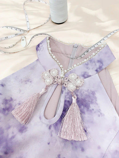 formaldressy--Purple gradient color new Chinese style pearl stand collar with button bow fairy dress oriental aesthetics gh5731