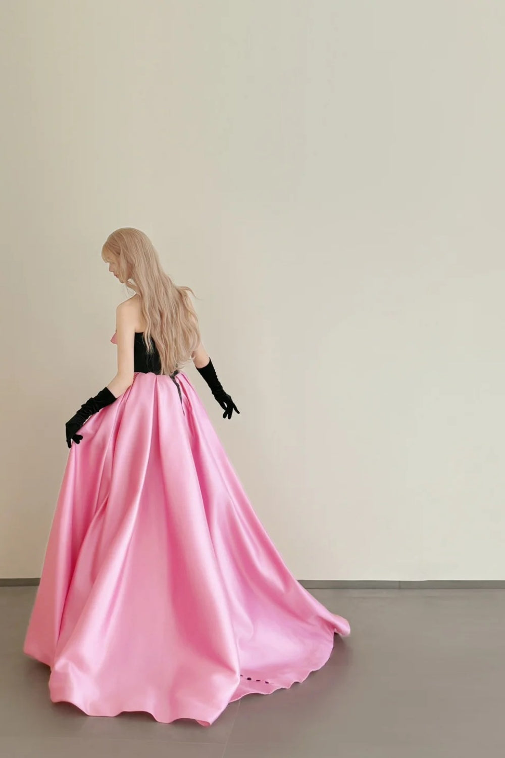 formaldressy-Vintage Pink-Black Contrast 3D Floral Strapless Swing Court Style Evening Gown gh6029