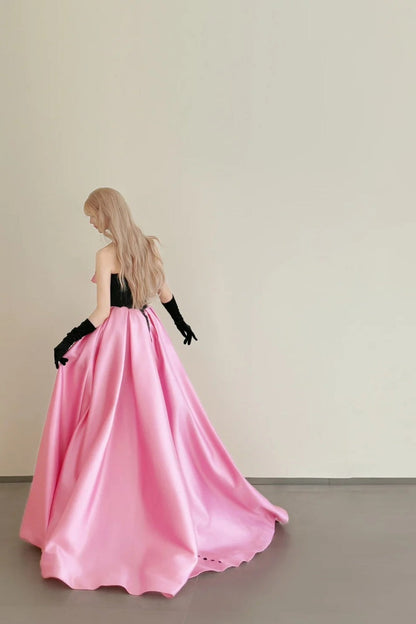 formaldressy-Vintage Pink-Black Contrast 3D Floral Strapless Swing Court Style Evening Gown gh6029