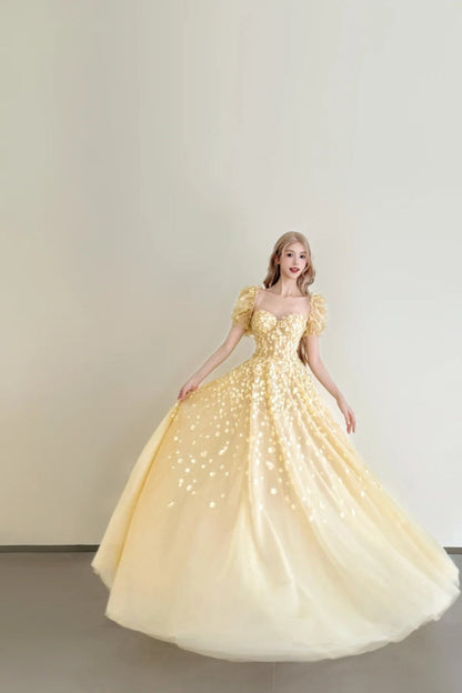formaldressy-Vintage Goose Yellow Puff Sleeve Sequin Swing Court Style Evening Gown gh6028
