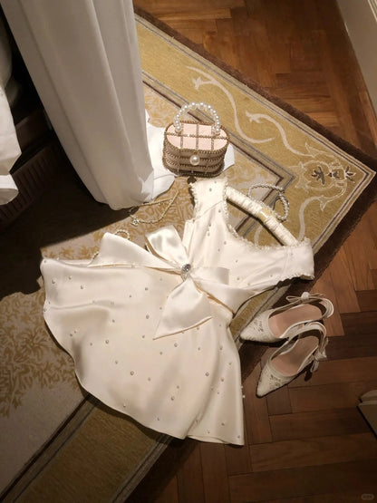 formaldressy-White Beaded Short Satin Eighth Grade Dress Homecoming Dress Birthday Party Dress gh5291