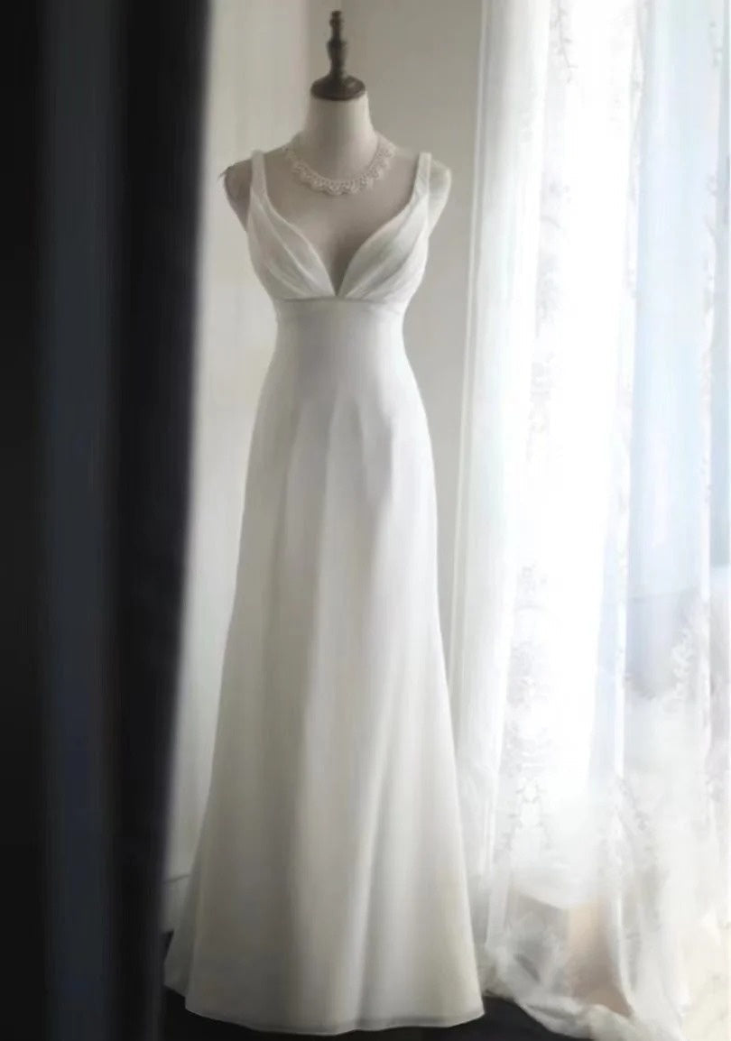 formaldressy-Sleeveless White Chiffon Mermaid Wedding Dress, Minimalist Elegant Slim - fitting Floor - length Wedding Gown gh5831