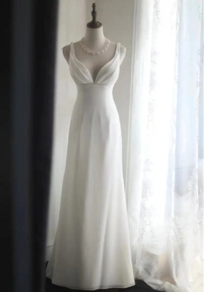 formaldressy-Sleeveless White Chiffon Mermaid Wedding Dress, Minimalist Elegant Slim - fitting Floor - length Wedding Gown gh5831