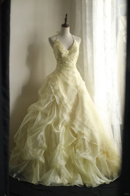 formaldressy-Yellow Retro Halter Neck Heavy Puff Princess Wedding Dress gh5425