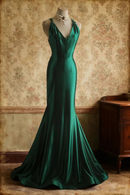 formaldressy-Sleeveless Deep V - Neck Backless Dark Green Satin Mermaid Dress, Retro Elegant Slim - fitting Floor - length Evening Gown  gh5827