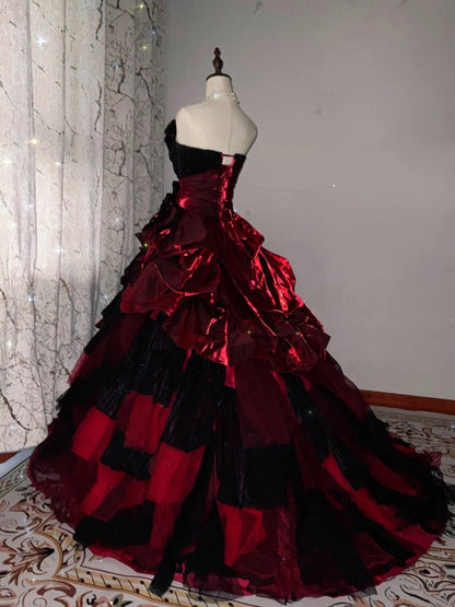 formaldressy-Burgundy-Black Paneled Shiny Satin Strapless Sleeveless Floor-Length Gothic Ball Gown gh6317