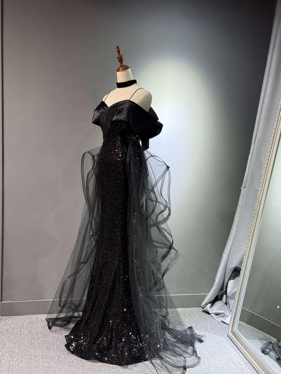 formaldressy -Black shiny elegant long sequined tulle Prom dress evening gown graduation dress gh5107