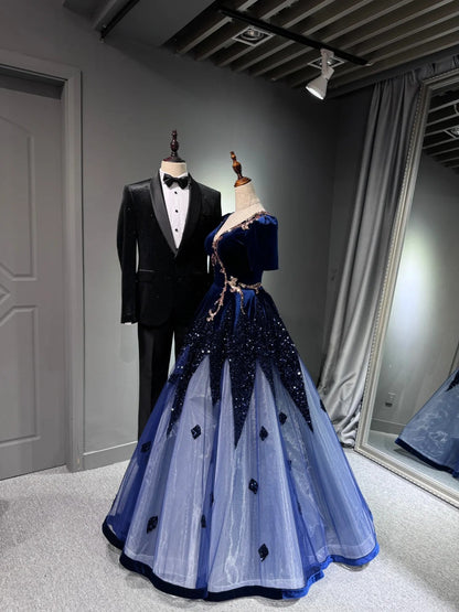 formaldressy -Blue shiny long sequined tulle ball gown evening dress graduation dress gh5110