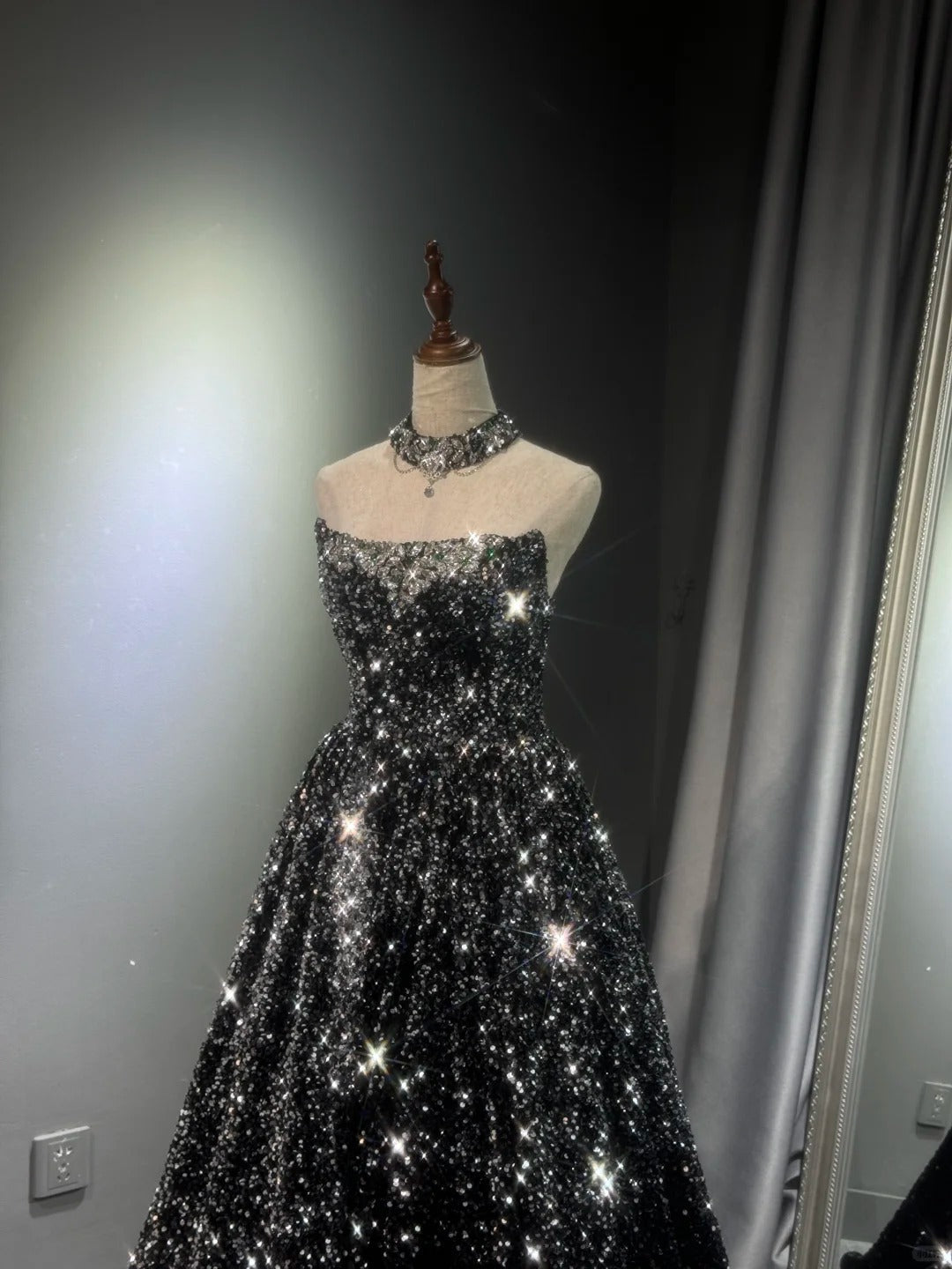 formaldressy -Black silver gradient shimmering long sequined tulle ball gown evening dress gh5109