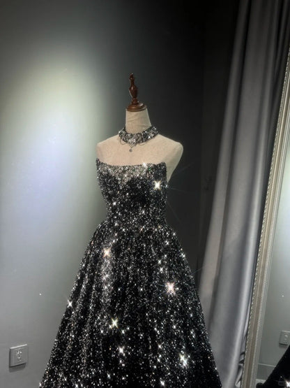 formaldressy -Black silver gradient shimmering long sequined tulle ball gown evening dress gh5109