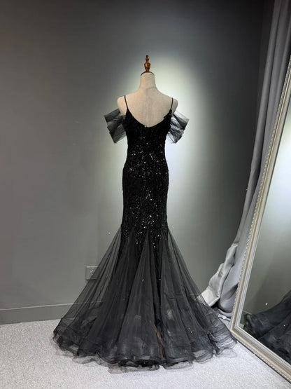 formaldressy -Black shiny mermaid long sequined ball gown evening dress graduation dress gh5112