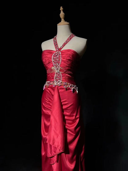 formaldressy-Pink Delicate Beaded Long Satin Prom Dress gh6241