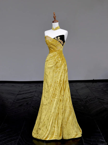 formaldressy -Yellow floral long velvet prom dress evening dress party dress gh5117