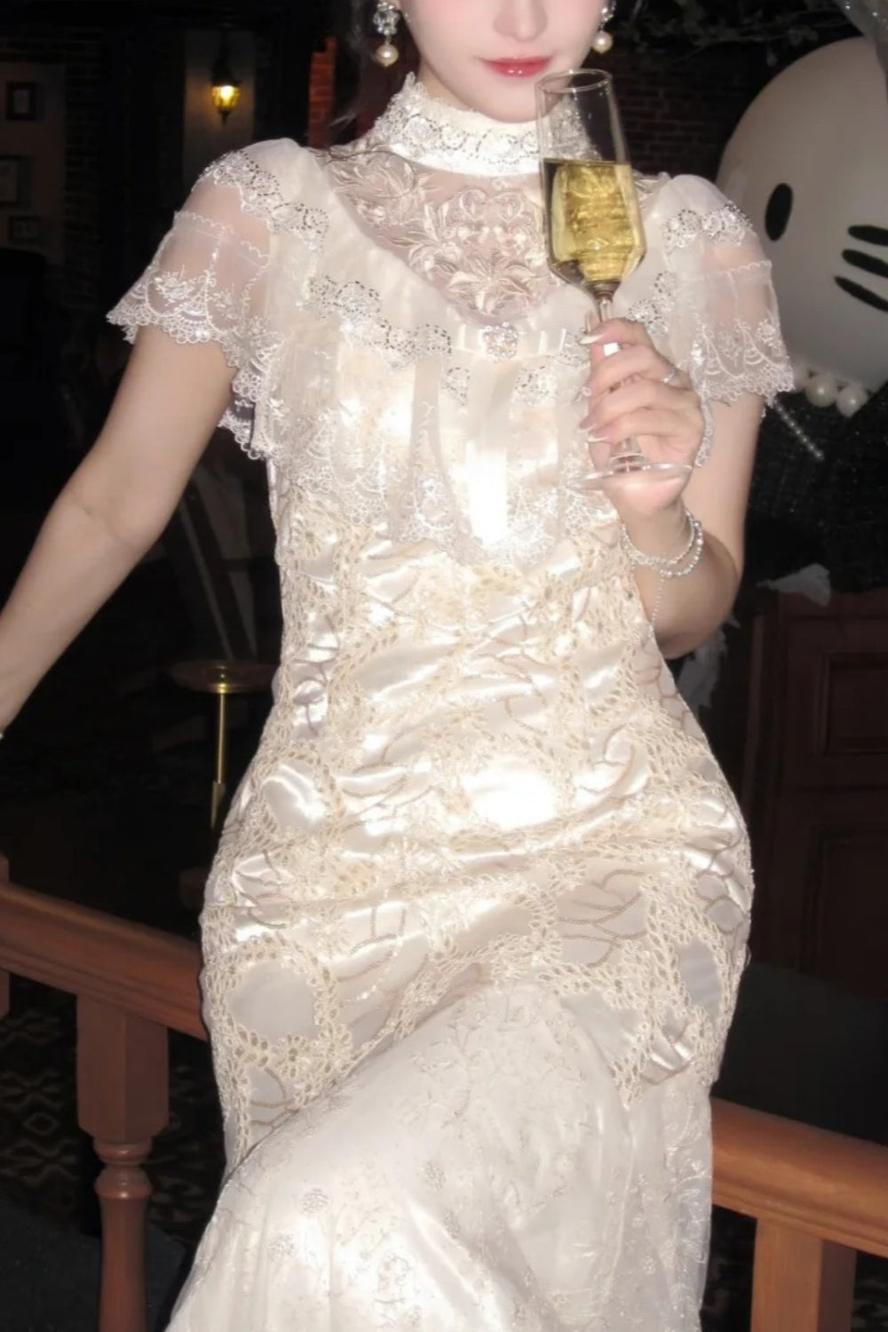 formaldressy-Birthday dress Lace Embroidery High-neck Gown, Retro Elegance Shows Feminine Softness gh5898