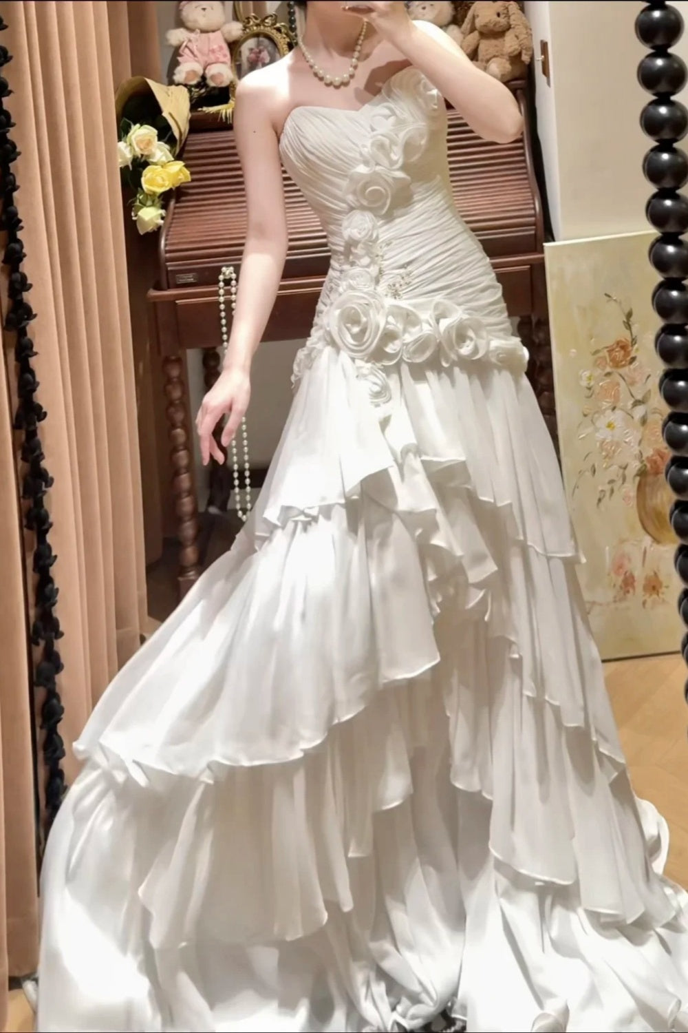 formaldressy-White Sweetheart Neckline Floral Long Tulle Princess Formal Prom Dress Graduation Dress Evening Dress Wedding Dress gh5976