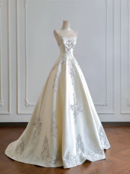 formaldressy--White exquisite beaded long satin prom wedding dress gh5482