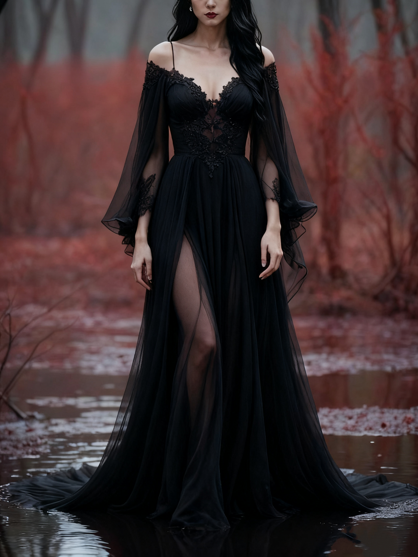formaldressy-Long Sleeves Long Tulle Floor-Length Train Retro Elegant Ball Gown Evening Dress gh5943