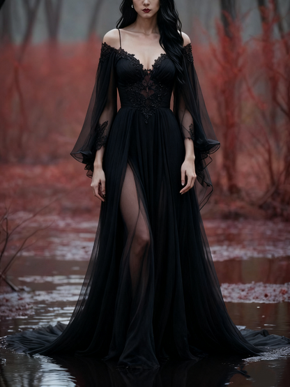 formaldressy-Long Sleeves Long Tulle Floor-Length Train Retro Elegant Ball Gown Evening Dress gh5943
