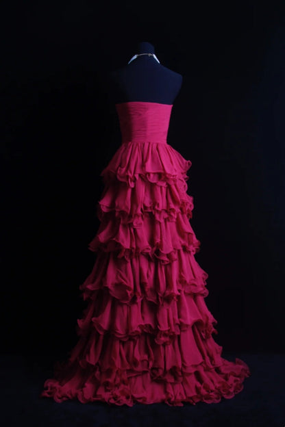 formaldressy-Fuchsia Chiffon Sleeveless Floor-Length Tiered Ruffled Evening Gown gh6304