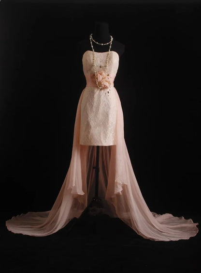 formaldressy-Light Pink Lace and Chiffon Sleeveless High-Low Train Evening Gown gh6306