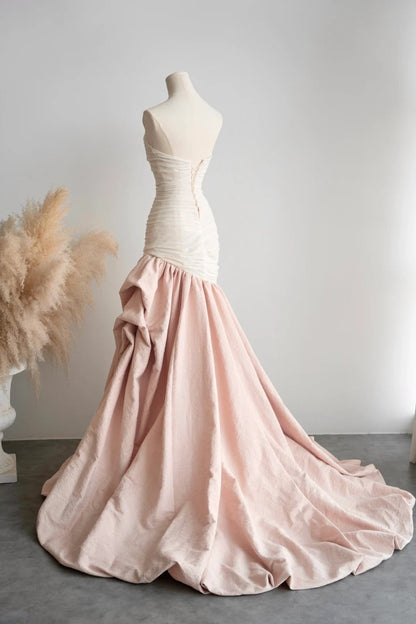 formaldressy- Vintage Pink-White Contrast Ruched Strapless Mermaid Long Evening Gown gh6091