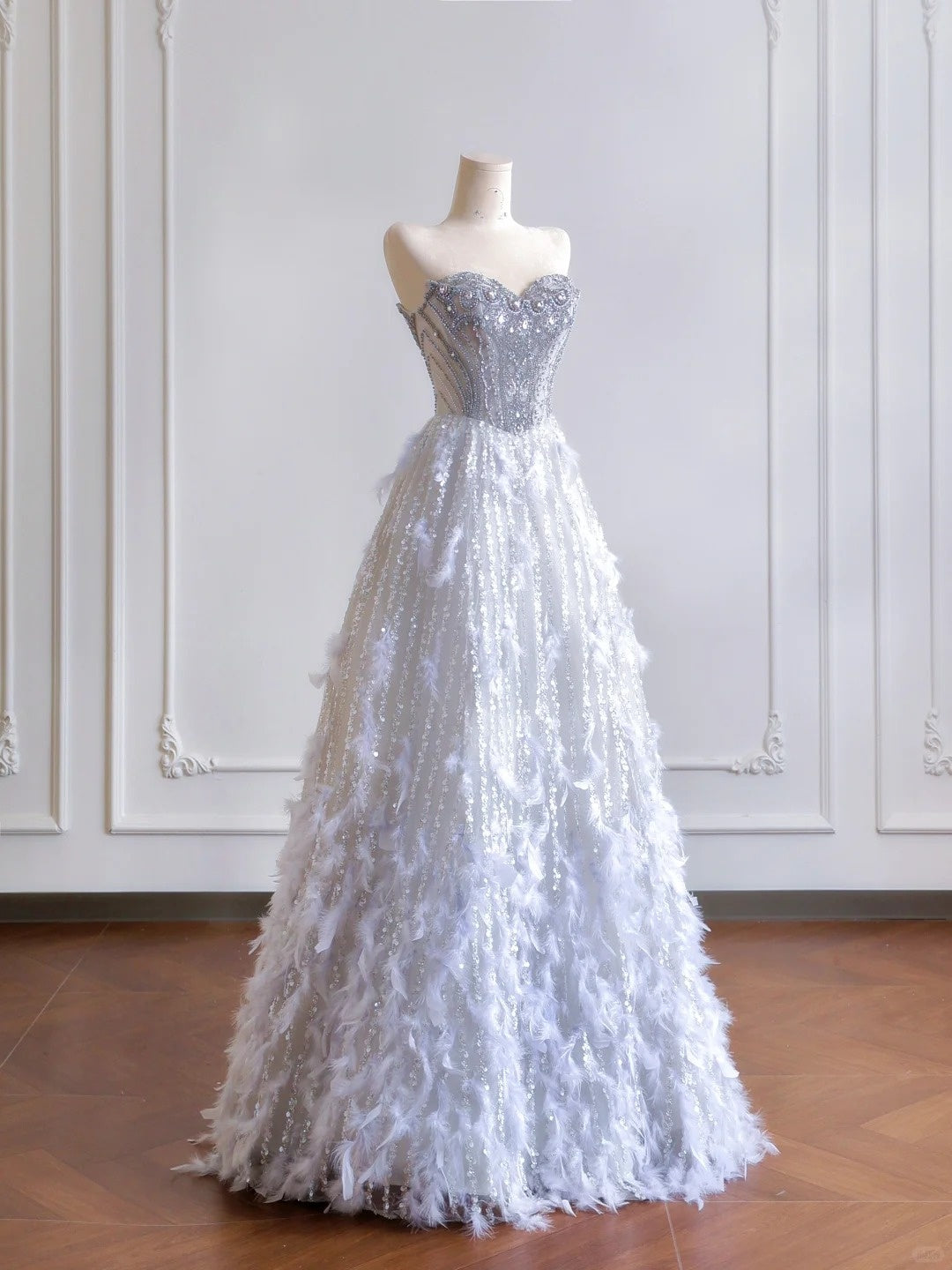 formaldressy--Gray purple gorgeous feather tulle and diamond exquisite beading long tulle prom dress wedding dress gh5486