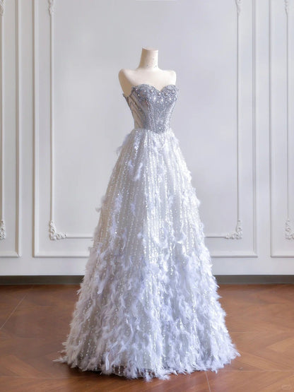 formaldressy--Gray purple gorgeous feather tulle and diamond exquisite beading long tulle prom dress wedding dress gh5486