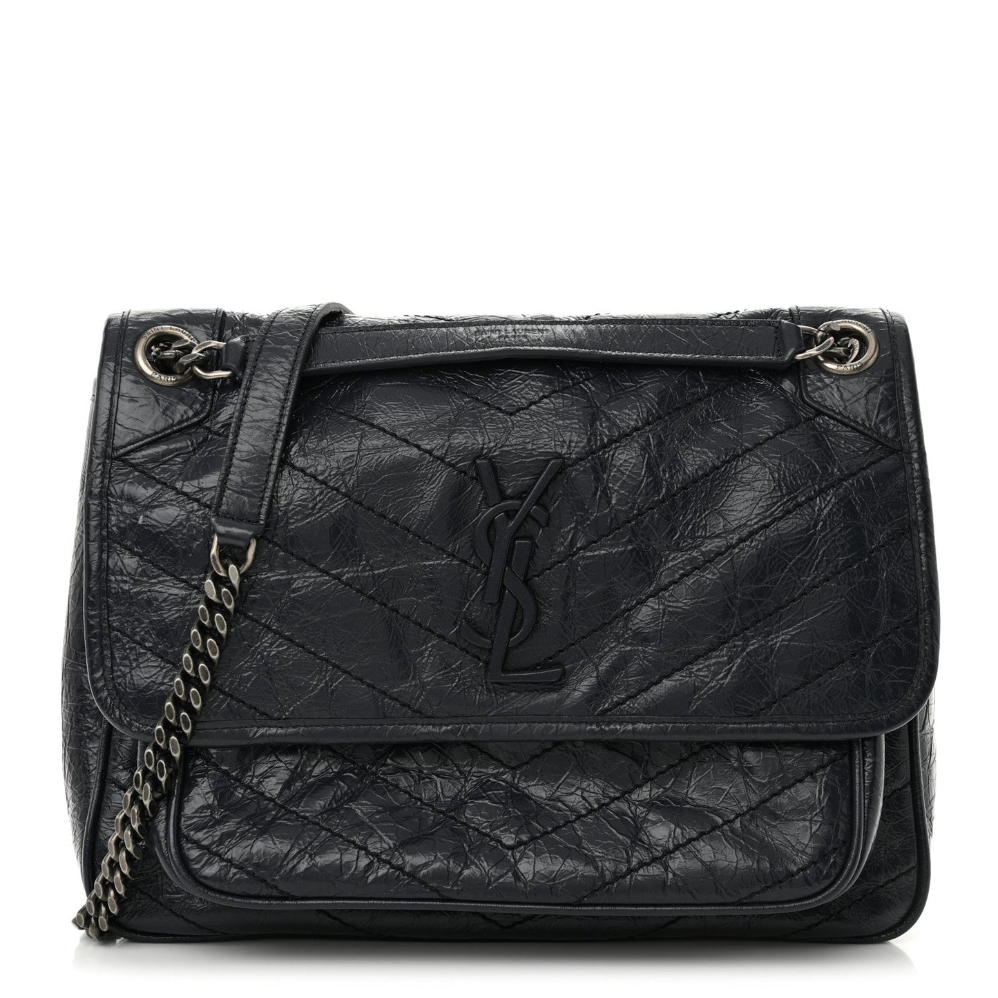Crinkled Calfskin Matelasse Monogram Medium Niki Chain Satchel Deep Marine