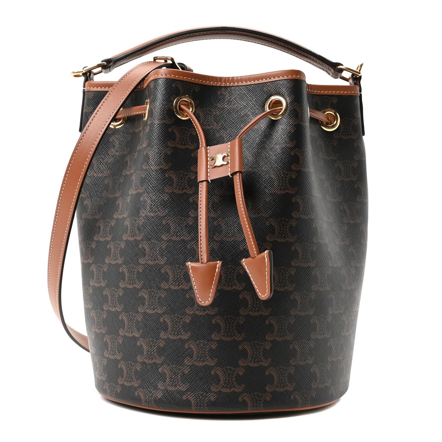 Triomphe Canvas Calfskin Clara Drawstring Bucket Bag Tan