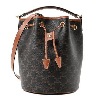 Triomphe Canvas Calfskin Clara Drawstring Bucket Bag Tan