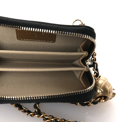 Lambskin Quilted CC Pearl Crush Zip Card Holder On Chain Black