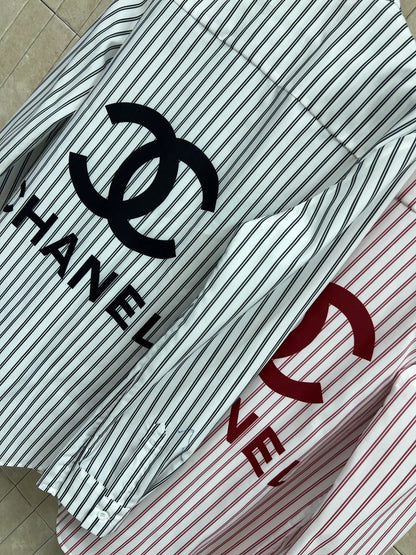 Chanel 2026 Logo Embroidered Striped Shirt Pink and Black Cotton 355062