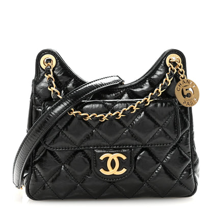 Shiny Crumpled Calfskin Quilted Small Wavy CC Hobo Black