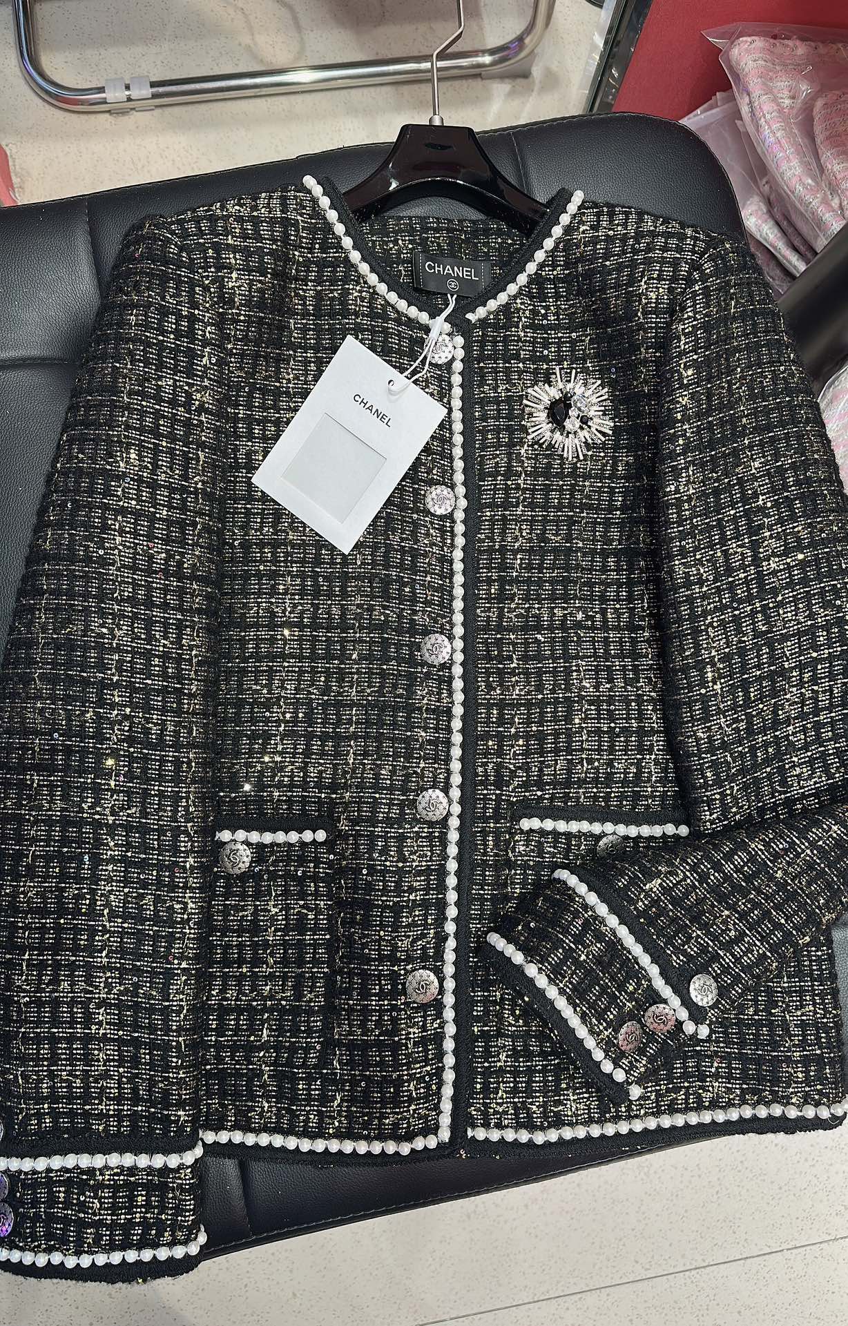 CC 25 Catwalk Style Custom Gold Woven Woolen Pearl Trim Black Coat