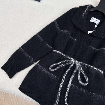 CC Mohair Wool Fluffy Black and White Belt Cardigan