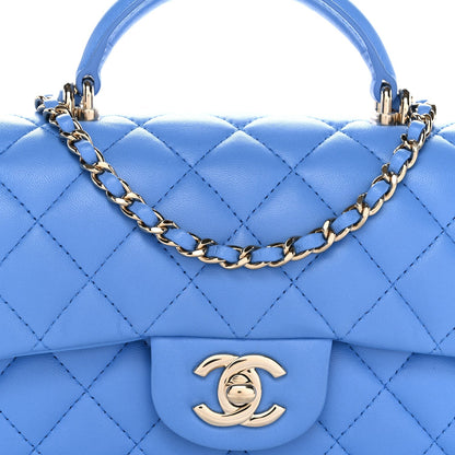 Lambskin Quilted Mini Top Handle Rectangular Flap Blue