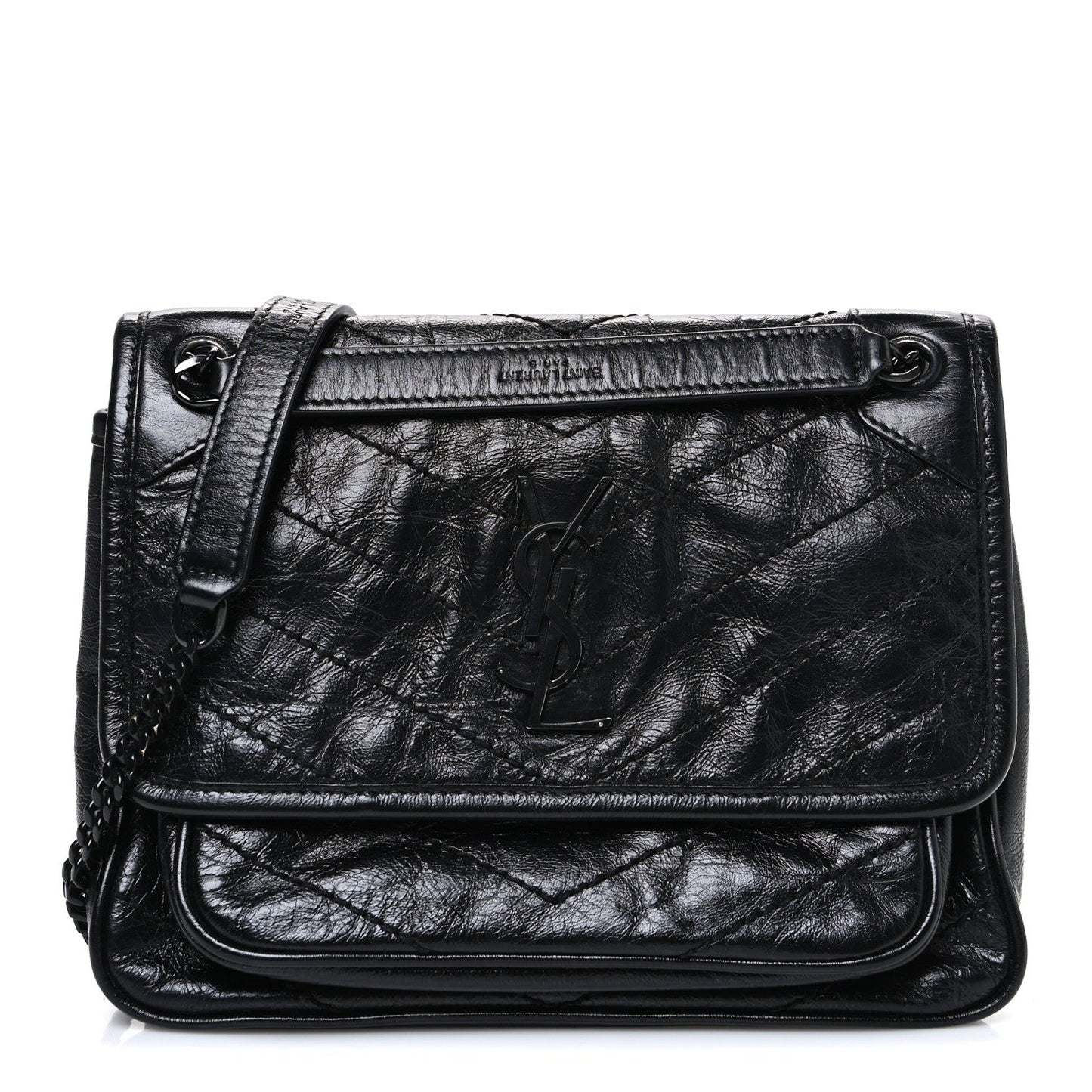 Crinkled Calfskin Matelasse Monogram Baby Niki Chain Satchel Black