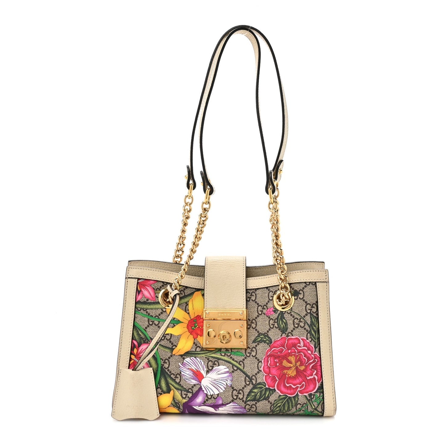 GG Supreme Monogram Flora Textured Calfskin Small Padlock Tote Beige Ebony Multicolor Mystic White