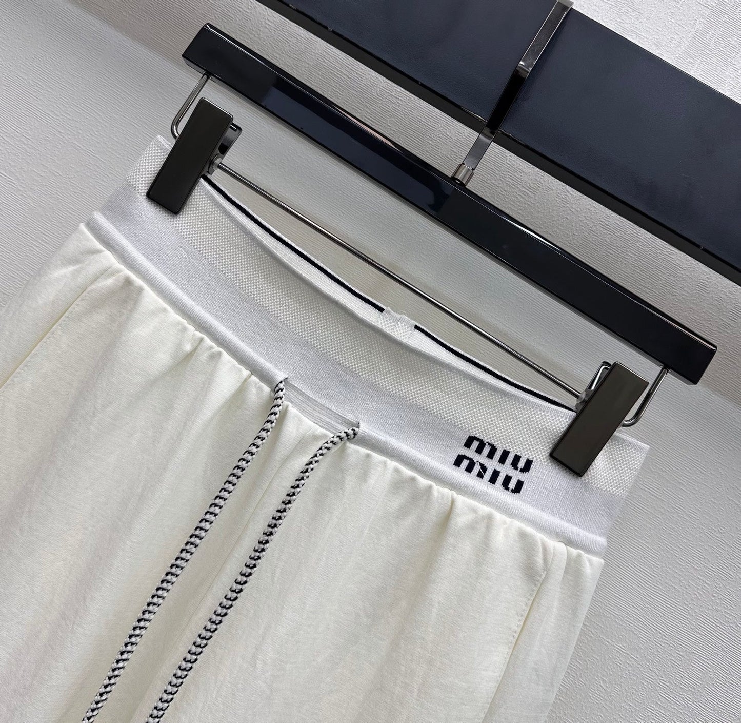 Miu Drawstring Webbing Pants White Tencel Cotton Fabric 350207