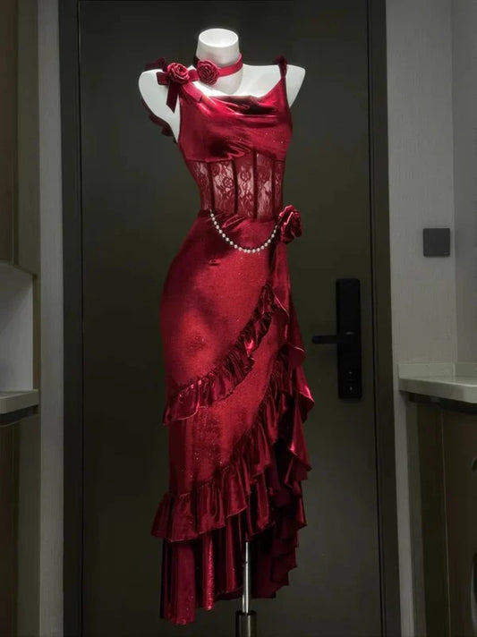 formaldressy--Burgundy Sexy Bodycon Halter Multi-layered Satin Slit Prom Dress Party Dress gh5450