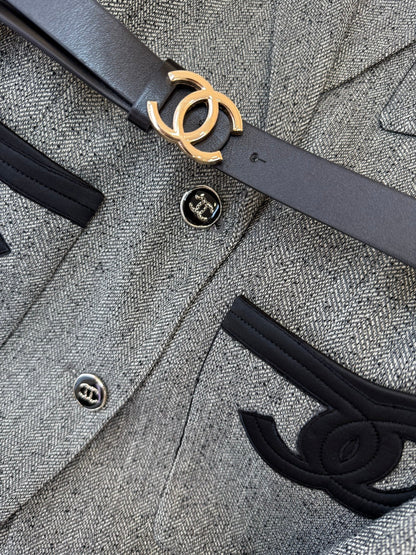 Chanel 2025 Blazer With Belt Gray Black Polyester Wool
