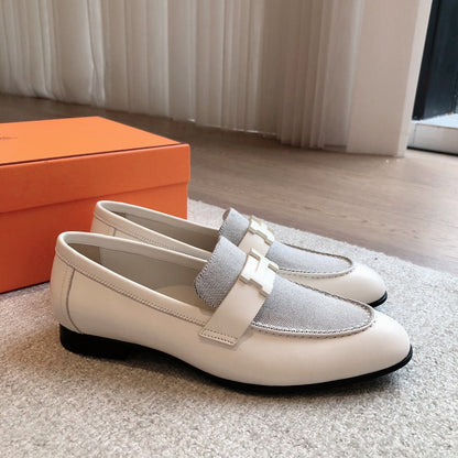 Paris Loafer Grey Canvas and White Calfskin With Signature Buckle 734378