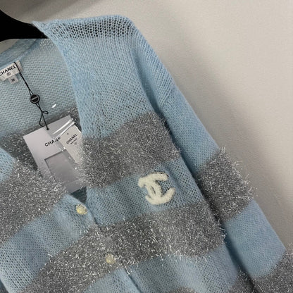 CC 26C Knit Long-Sleeve Cardigan Blue Grey Stripes Wool Acrylic Nylon 349042