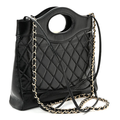 Shiny Crumpled Calfskin Quilted Mini 31 Shopping Bag Black
