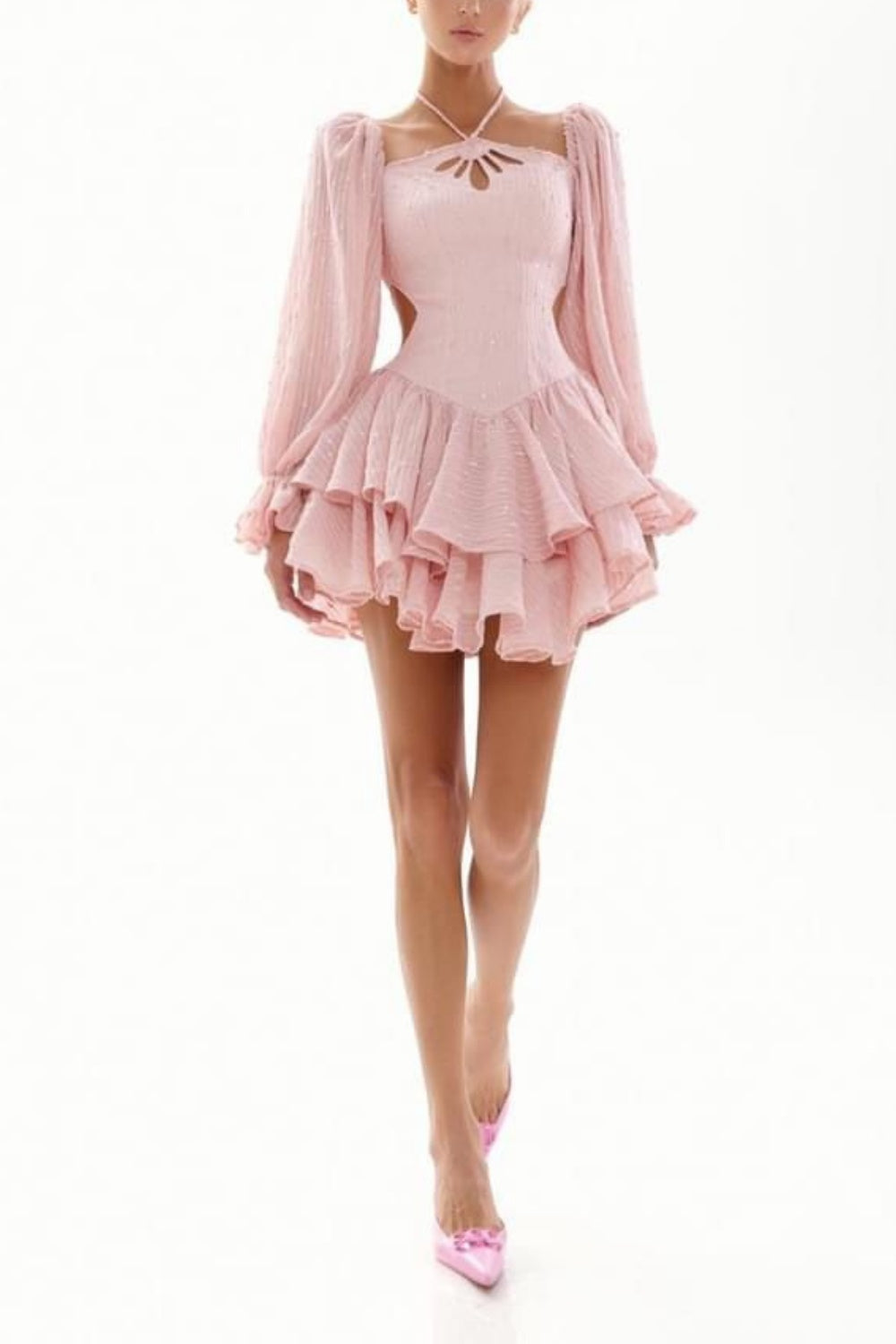 formaldressy-Pink Sweet Long Sleeve Short Chiffon Ruffle Homecoming Dress gh5334