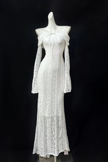 formaldressy--White moonlight lace one-shoulder long prom dress gh5476