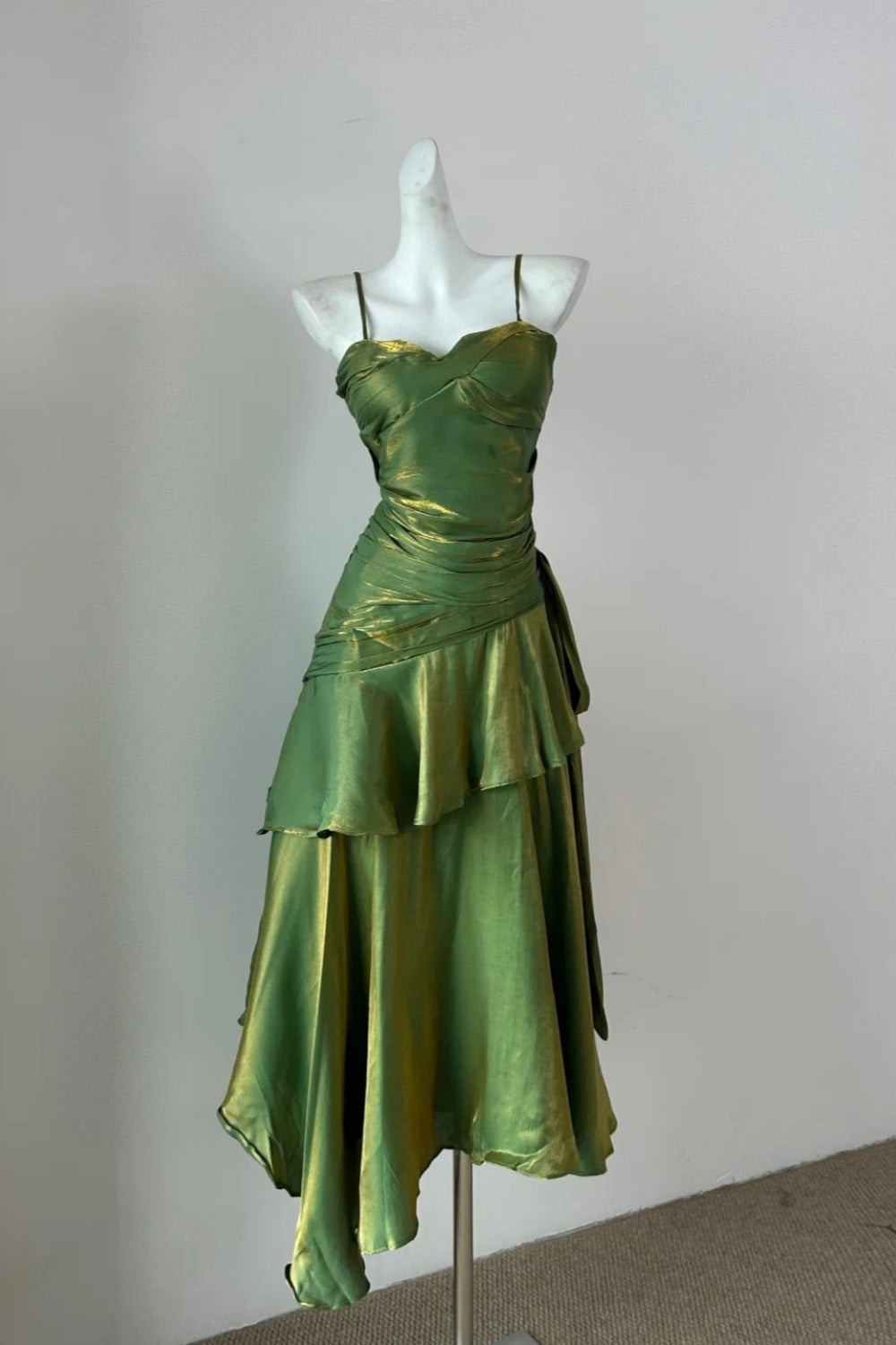formaldressy-Fashionable And Unique Emerald Green Shiny Spaghetti - Strap Ruffled Midi Dress gh5843